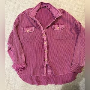 Free People Raspberry Pink Waffle-Knit Button Down Shirt
